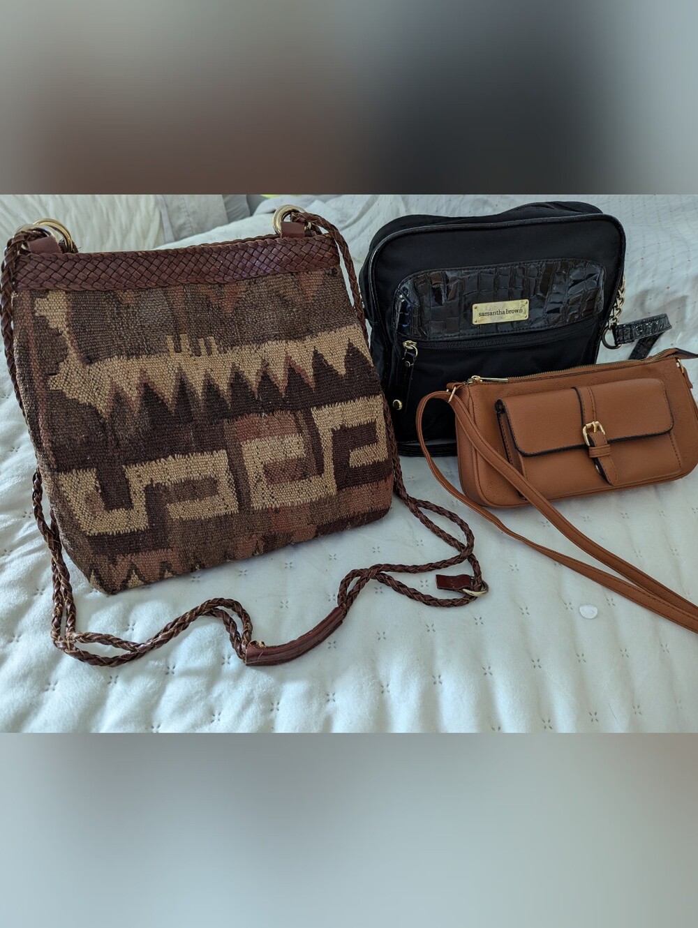 L.J. Simone Woven Aztec Pattern Shoulder Bag in Brown Leather + 2 Free Bags